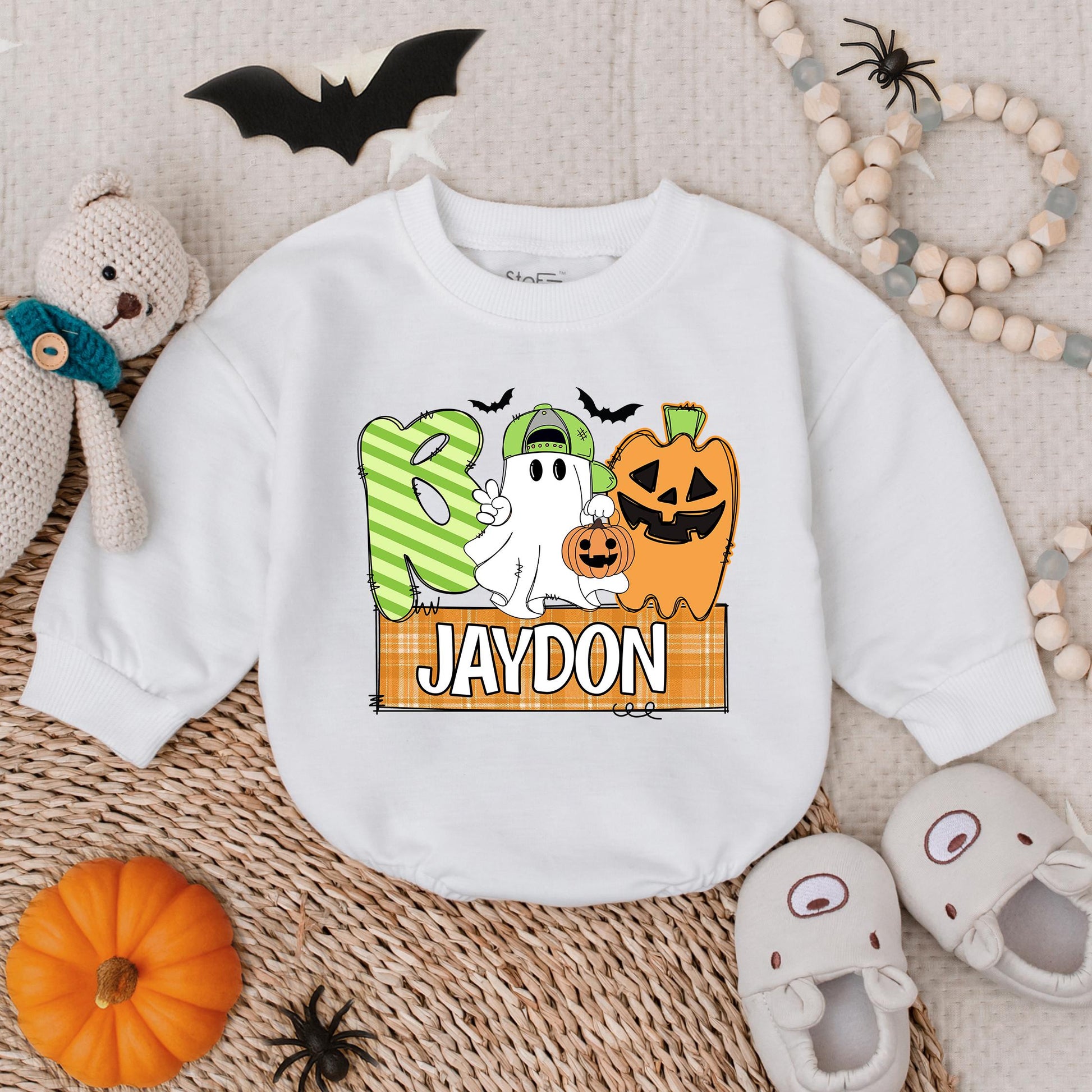 Boo Halloween Baby Boy Romper Sweatshirt, Cute Ghost & Pumpkin Outfit, Custom Jaydon Name Plaid Banner, Fall Baby Costume, Boo Clothes