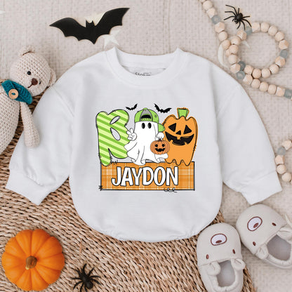 Boo Halloween Baby Boy Romper Sweatshirt, Cute Ghost & Pumpkin Outfit, Custom Jaydon Name Plaid Banner, Fall Baby Costume, Boo Clothes
