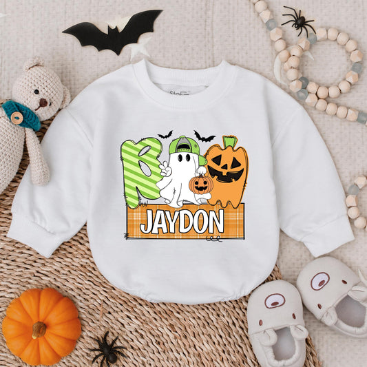 Boo Halloween Baby Boy Romper Sweatshirt, Cute Ghost & Pumpkin Outfit, Custom Jaydon Name Plaid Banner, Fall Baby Costume, Boo Clothes