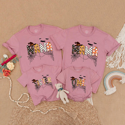 Custom Halloween Family Matching Shirts Spooky One Dad Mama Sister Bat Pumpkin Ghost Cobweb