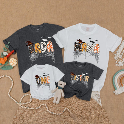 Custom Halloween Family Matching Shirts Spooky One Dad Mama Sister Bat Pumpkin Ghost Cobweb