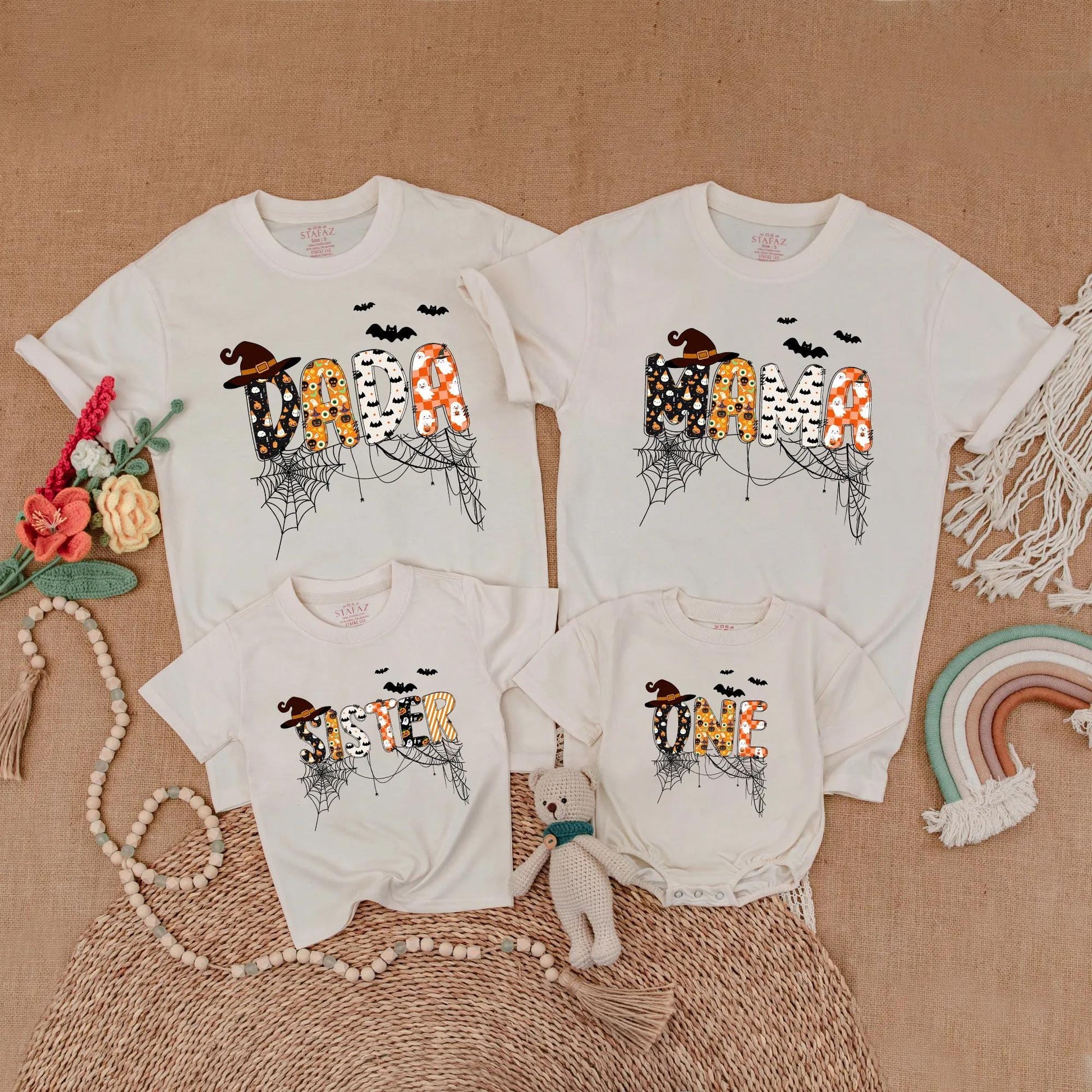 Custom Halloween Family Matching Shirts Spooky One Dad Mama Sister Bat Pumpkin Ghost Cobweb