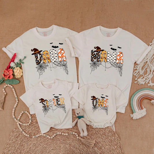 Custom Halloween Family Matching Shirts Spooky One Dad Mama Sister Bat Pumpkin Ghost Cobweb