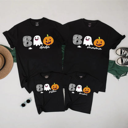 Cute BOO Matching Family Halloween Shirts Spooky Ghost Pumpkin Mama Dada Sister Mimi T-Shirts for Group Costume Fun