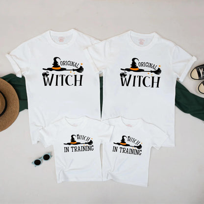 Matching Family Halloween Shirts: Witch & Witch in Training Set - Cute Spooky Fall T-Shirts for Mom and Kids - Perfect Halloween Costume Outfit
