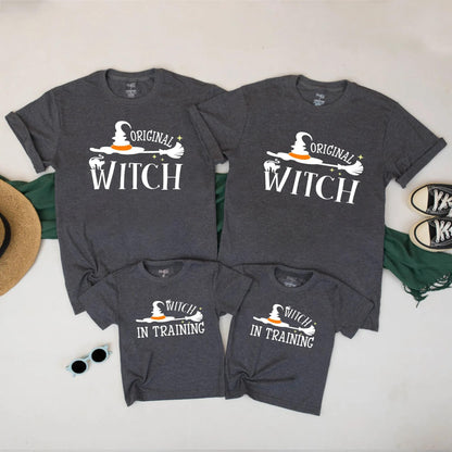 Matching Family Halloween Shirts: Witch & Witch in Training Set - Cute Spooky Fall T-Shirts for Mom and Kids - Perfect Halloween Costume Outfit