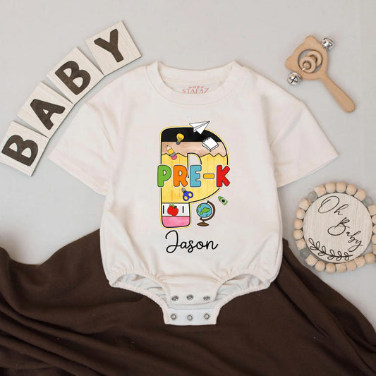 Personalized Kindergarten Shirt with Name, Colorful Bubble K Design, School Icons, First Day of School Outfit for Toddler Boys