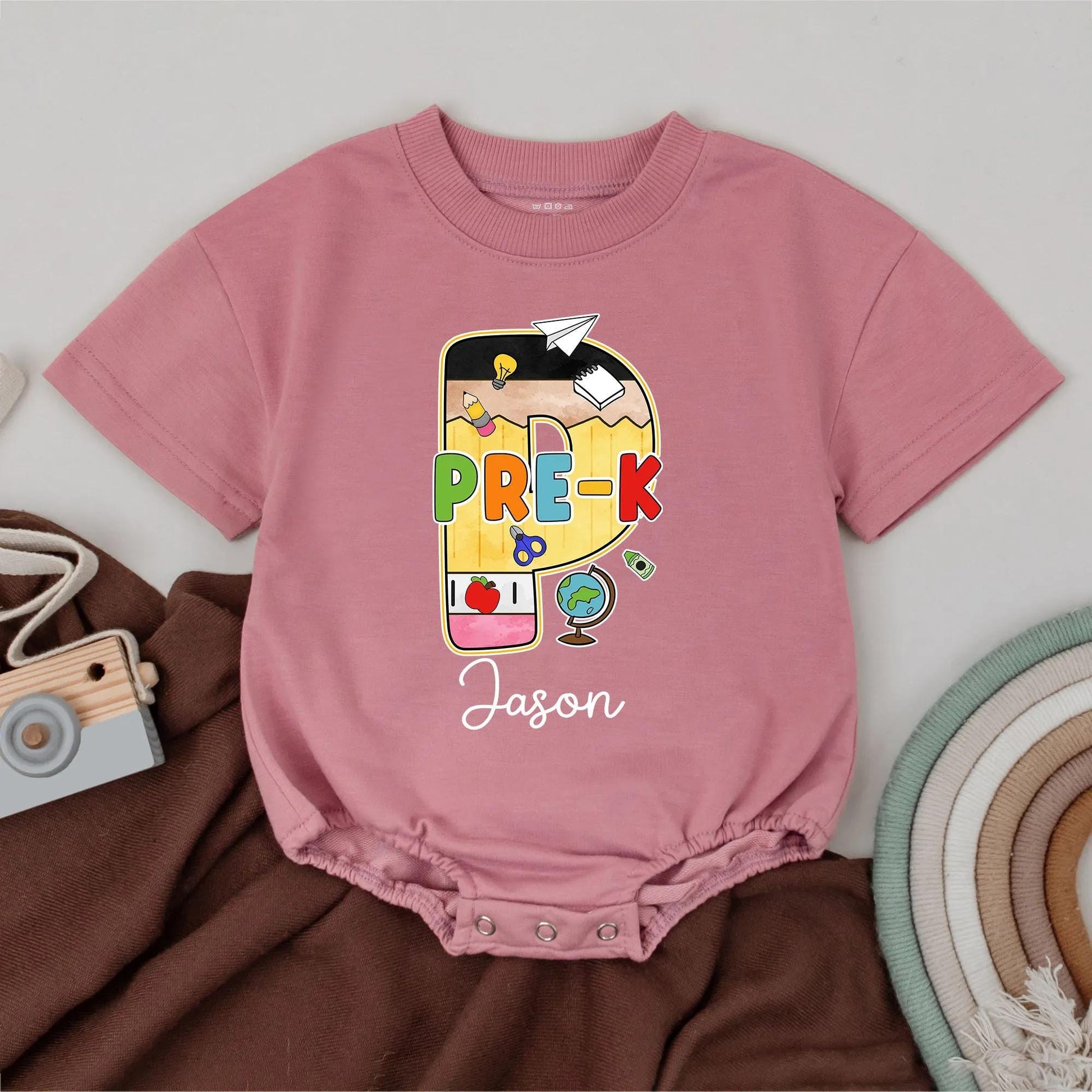 Personalized Kindergarten Shirt with Name, Colorful Bubble K Design, School Icons, First Day of School Outfit for Toddler Boys