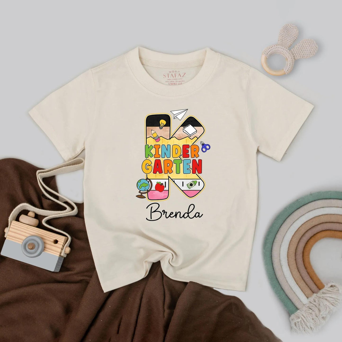 Personalized Kindergarten Shirt with Name, Colorful Bubble K Design, School Icons, First Day of School Outfit for Toddler Boys