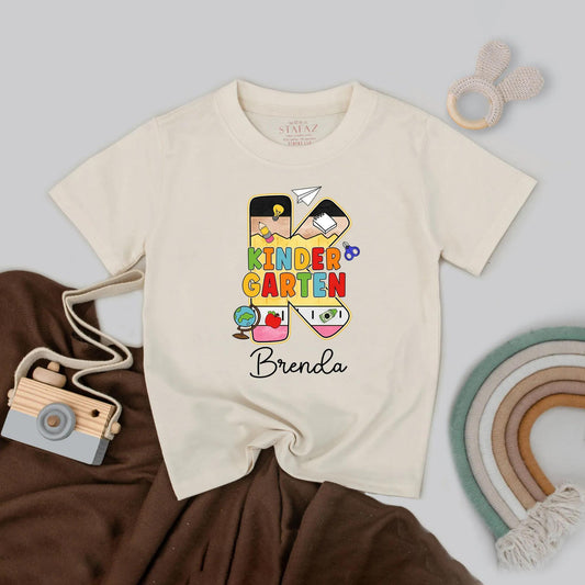 Personalized Kindergarten Shirt with Name, Colorful Bubble K Design, School Icons, First Day of School Outfit for Toddler Boys