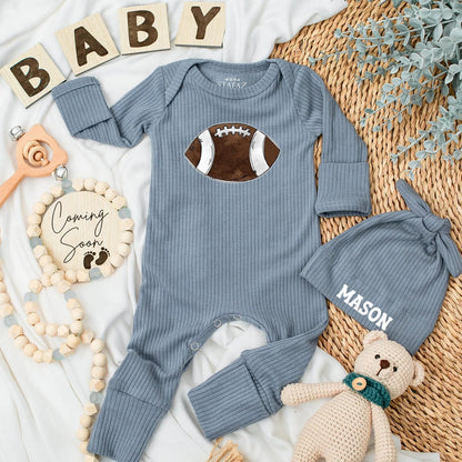 Personalized Football Baby Bodysuit Newborn Game Day Outfit, cute brown football design with white stripes, My First Football Season Baby Shower Gift