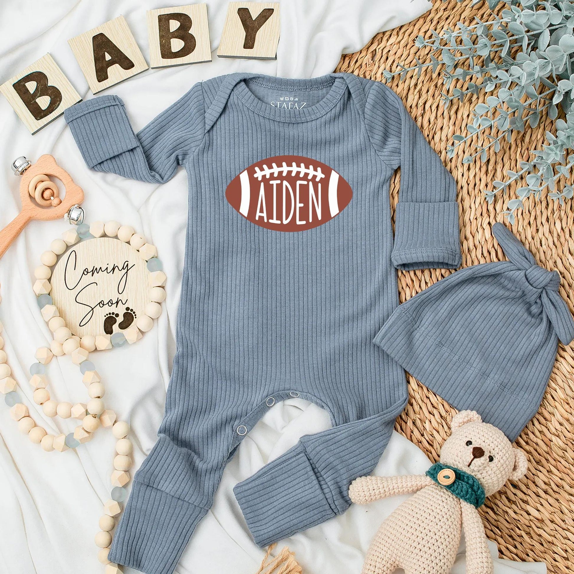 Personalized Football Romper for Aiden, Baby Boy's Game Day Outfit, Custom Newborn Clothes, Adorable Football Gift Set, Soft Cotton Bodysuit 138