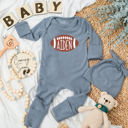 Personalized Football Romper for Aiden, Baby Boy's Game Day Outfit, Custom Newborn Clothes, Adorable Football Gift Set, Soft Cotton Bodysuit 138
