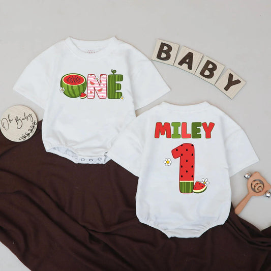 Personalized ONE Watermelon Birthday Romper Outfit for Baby Girl Boy Playful Summer Fruit Design with Sweet Daisy Accents Gift