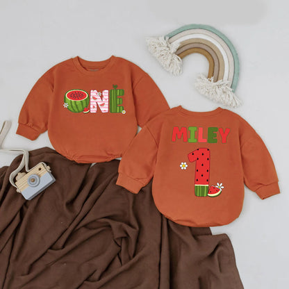Personalized ONE Watermelon Birthday Romper Outfit for Baby Girl Boy Playful Summer Fruit Design with Sweet Daisy Accents Gift