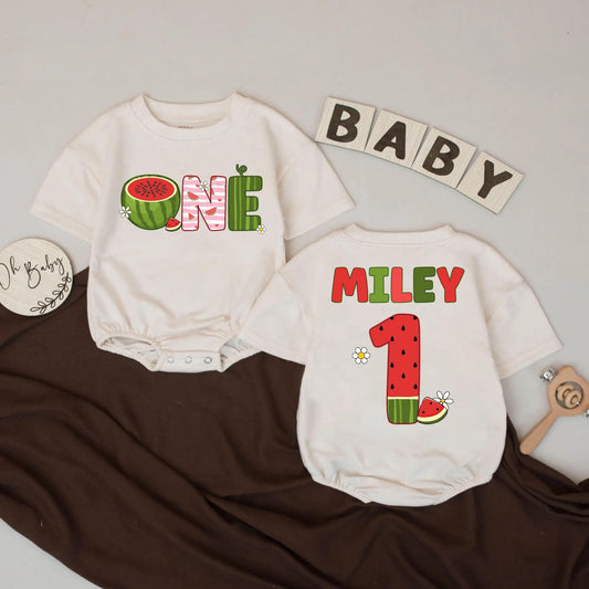 Personalized ONE Watermelon Birthday Romper Outfit for Baby Girl Boy Playful Summer Fruit Design with Sweet Daisy Accents Gift