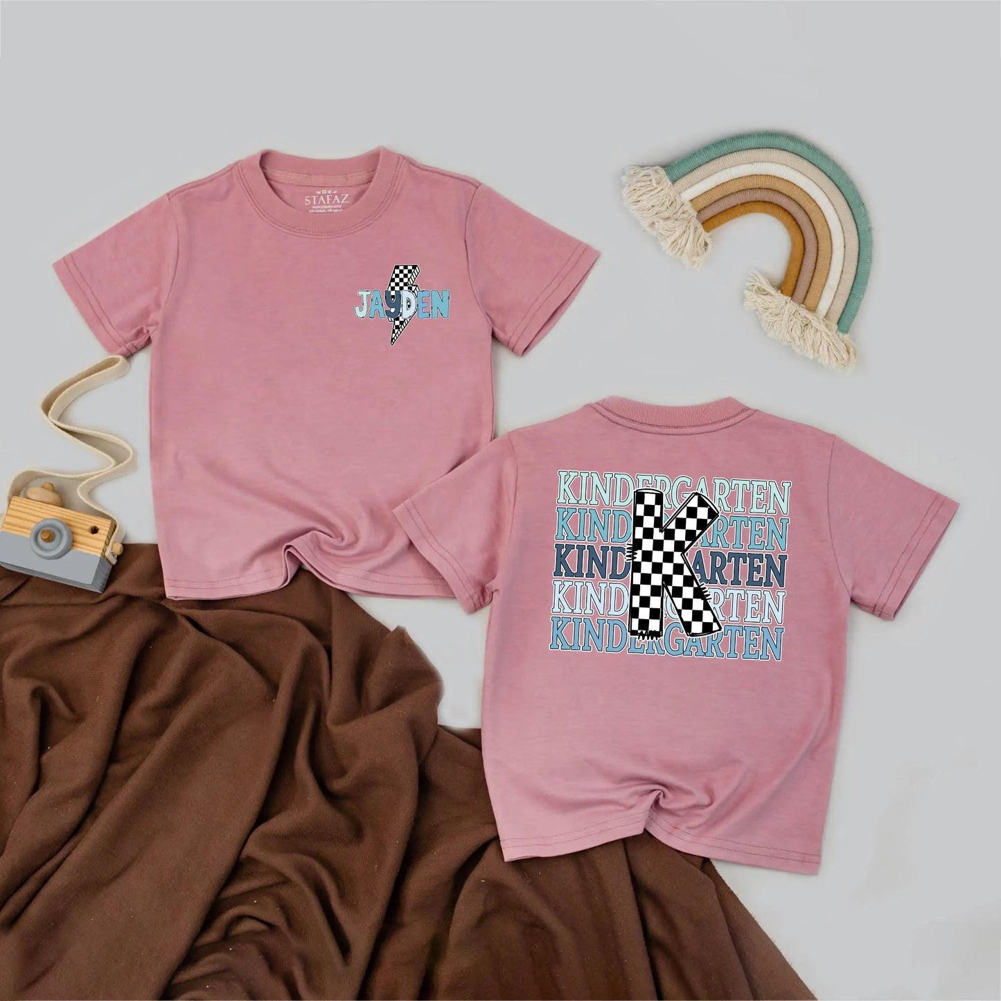 Personalized Boys Kindergarten Shirt Custom Name Back to School T-Shirt Blue Lightning Bolt Checkerboard K Stacked Kindergarten Design