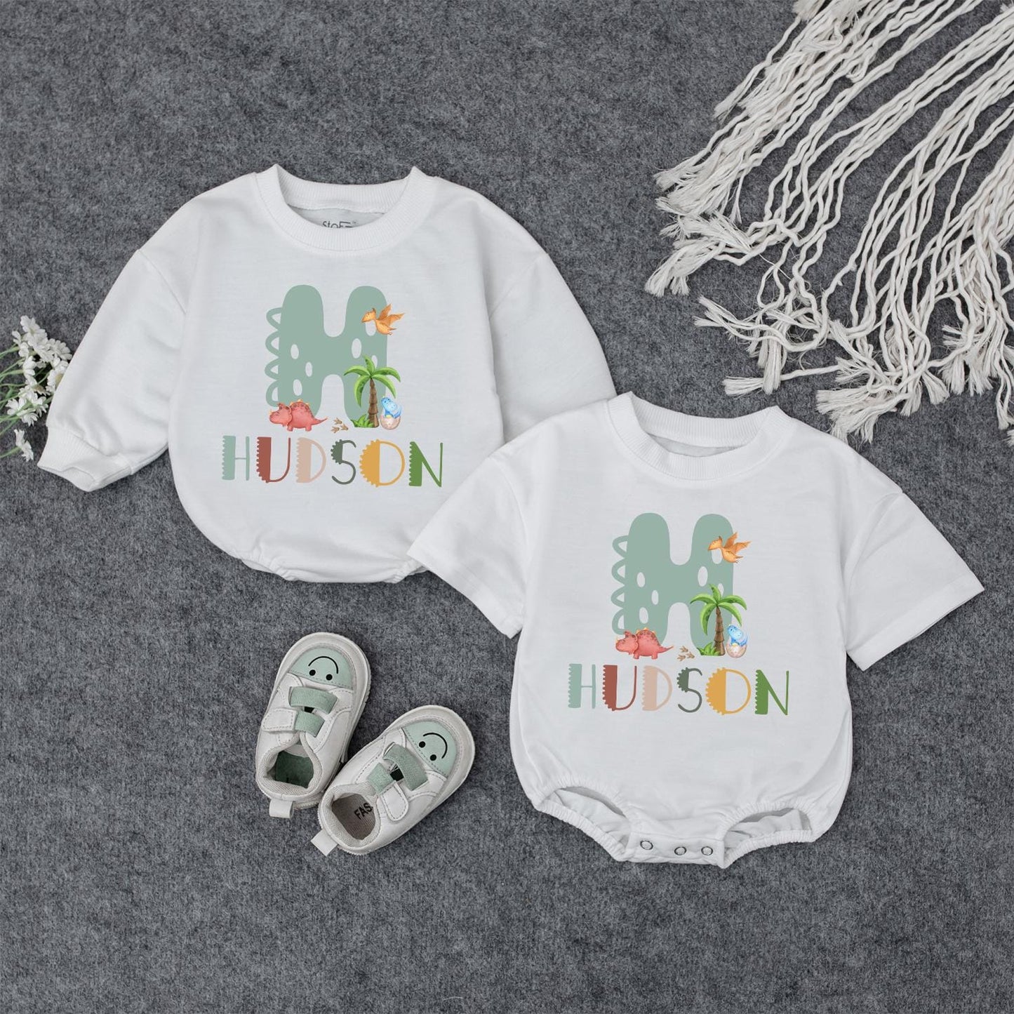 Custom Dinosaur H Baby Outfit: Personalized Hudson Name Sweatshirt & Bodysuit Set, Dino Birthday Gift, Boy Girl Clothes