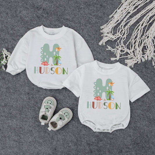 Custom Dinosaur H Baby Outfit: Personalized Hudson Name Sweatshirt & Bodysuit Set, Dino Birthday Gift, Boy Girl Clothes