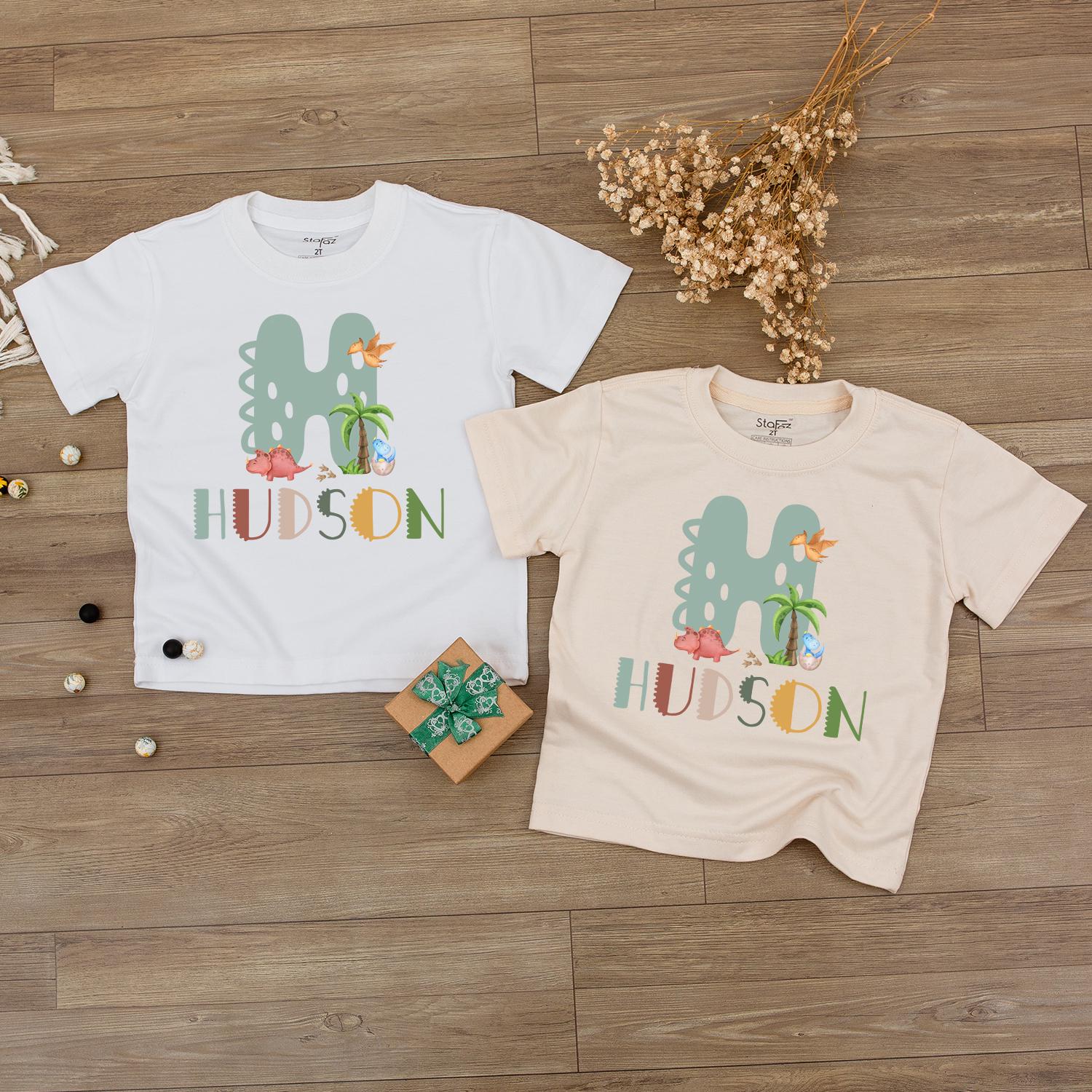 Custom Dinosaur H Baby Outfit: Personalized Hudson Name Sweatshirt & Bodysuit Set, Dino Birthday Gift, Boy Girl Clothes