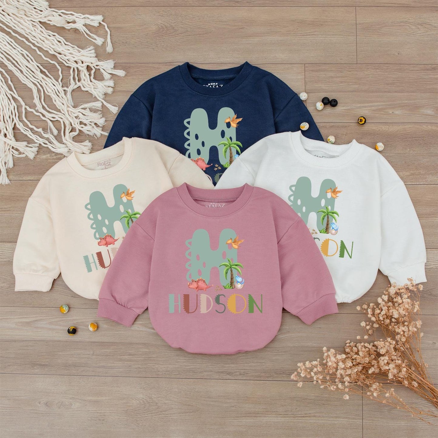 Custom Dinosaur H Baby Outfit: Personalized Hudson Name Sweatshirt & Bodysuit Set, Dino Birthday Gift, Boy Girl Clothes