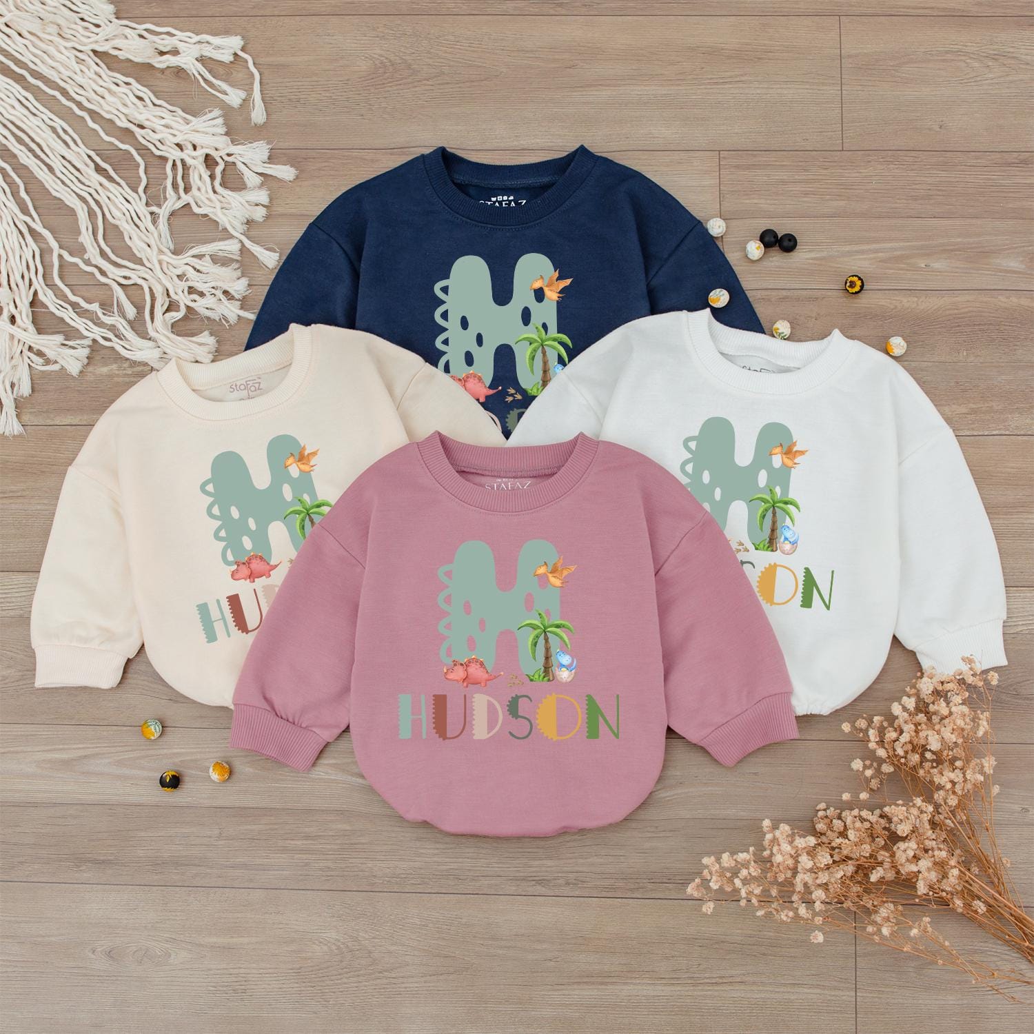 Custom Dinosaur H Baby Outfit: Personalized Hudson Name Sweatshirt & Bodysuit Set, Dino Birthday Gift, Boy Girl Clothes