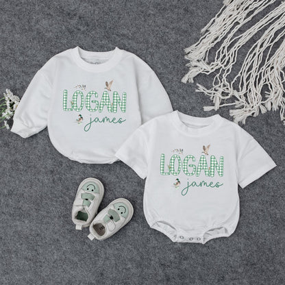 Custom Logan James Green Checkered Romper Cute Flying Duck Baby Gift 1st Birthday Outfit Toddler