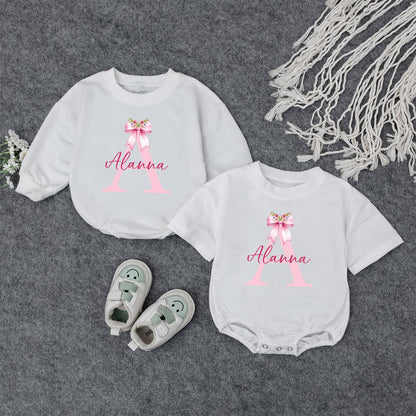 Personalized Baby Girl Pink Initial A Alanna Name Outfit Romper Bodysuit Cute Bow Flowers Newborn Gift Baby Shower Long Short Sleeve