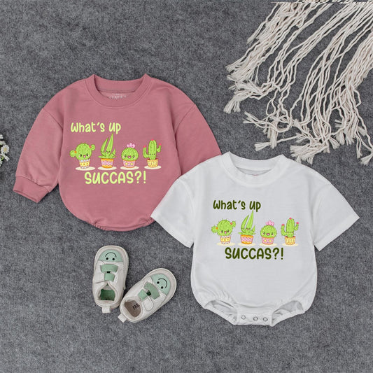 What's Up Succas Baby Outfit, Funny Cactus Romper, Unique Baby Shower Gift, Playful Infant Bodysuit, Green Yellow, Cute First Birthday Present