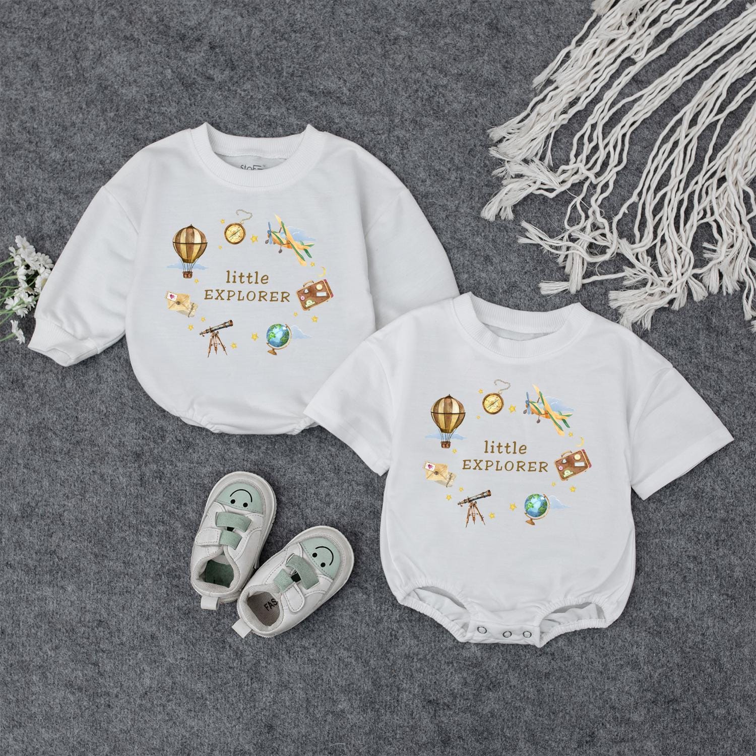 Little Explorer Baby Romper Watercolor Adventure Awaits Outfit Cute Travel Clothes Gender Neutral Gift Idea Gold Stars