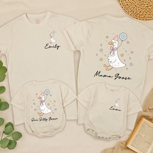 Matching Family Silly Goose Birthday Shirts with Cute Cartoon Goose Balloon Hat Design for Kids Adult Personalized Comfortable Tee