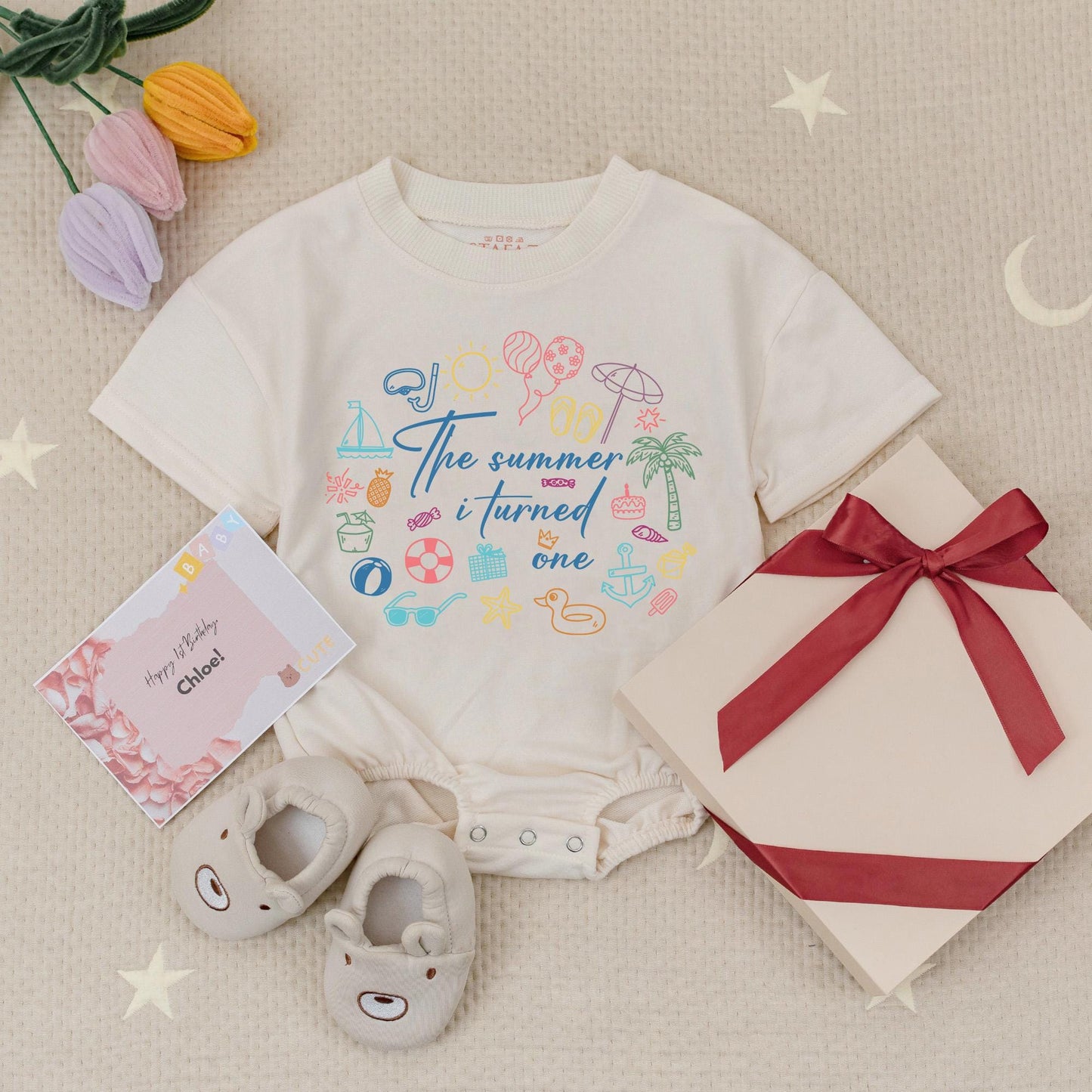 First Birthday Summer Baby Romper Beach Themed One Year Old Girl Outfit with Cute Colorful Palm Tree Sailboat Starfish Design Celebration Gift