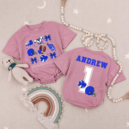 Custom Team Cheer Romper: "Andrew #1" Football Bow Babysuit, Blue Helmets & Megaphones, Personalized School Spirit Outfit, Cute Girls Game Day Clothes