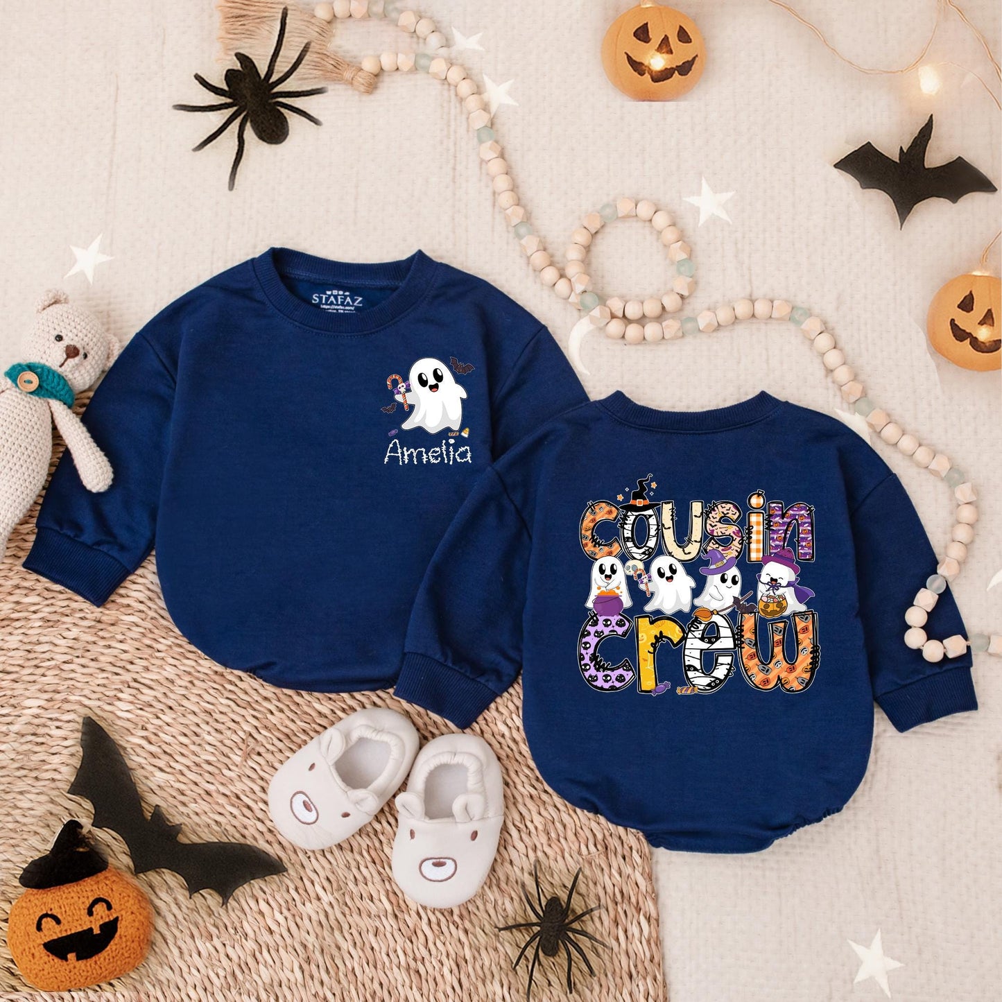 Amelia's Ghost Cousin Crew Halloween Outfit Personalized Baby Toddler Romper Spooky Family Matching Boo Crew Shirt