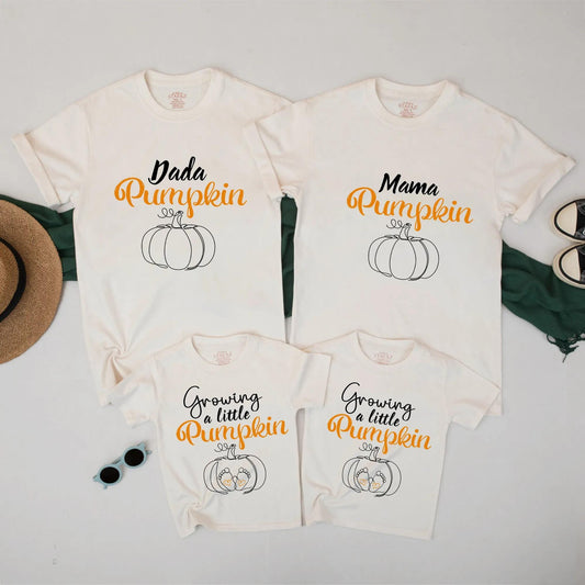 Family Matching Pumpkin Shirts Fall Halloween Pregnancy Reveal Cute Mama Dada Growing a Little Pumpkin Baby Announcement Outfits