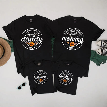 First Halloween of 2025 Matching Family Shirts Daddy Mommy Brother Pumpkin Family Party Orange Black