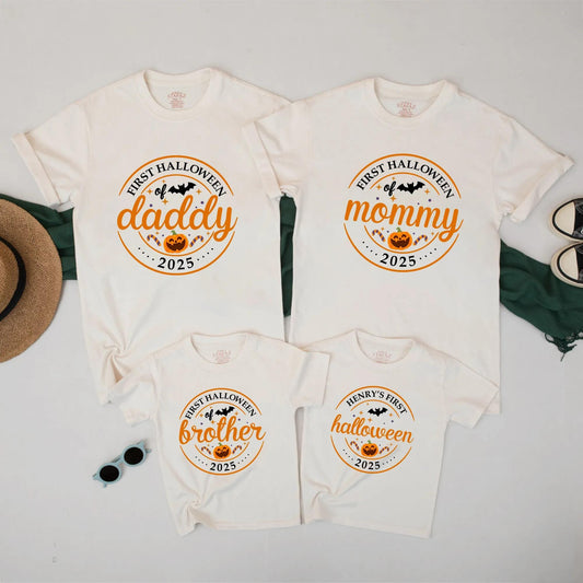 First Halloween of 2025 Matching Family Shirts Daddy Mommy Brother Pumpkin Family Party Orange Black