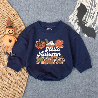 Hello Autumn Football Romper, Leopard Pumpkin Game Day Outfit, Baby Girl or Boy Bodysuit, Infant Fall Sports Clothes, Cozy Toddler Tee