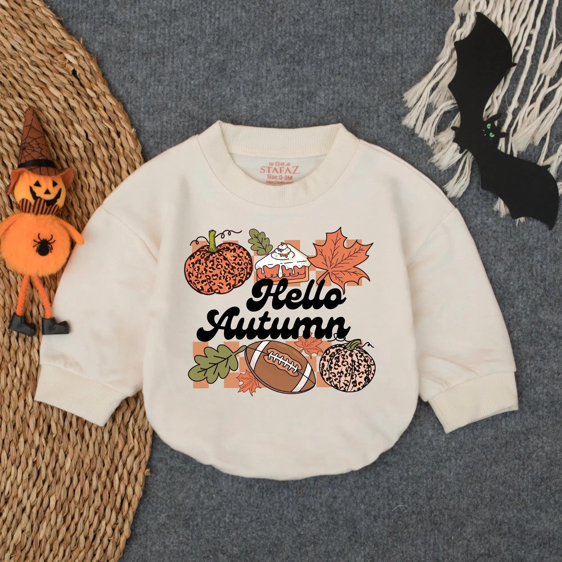 Hello Autumn Football Romper, Leopard Pumpkin Game Day Outfit, Baby Girl or Boy Bodysuit, Infant Fall Sports Clothes, Cozy Toddler Tee