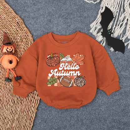 Hello Autumn Football Romper, Leopard Pumpkin Game Day Outfit, Baby Girl or Boy Bodysuit, Infant Fall Sports Clothes, Cozy Toddler Tee