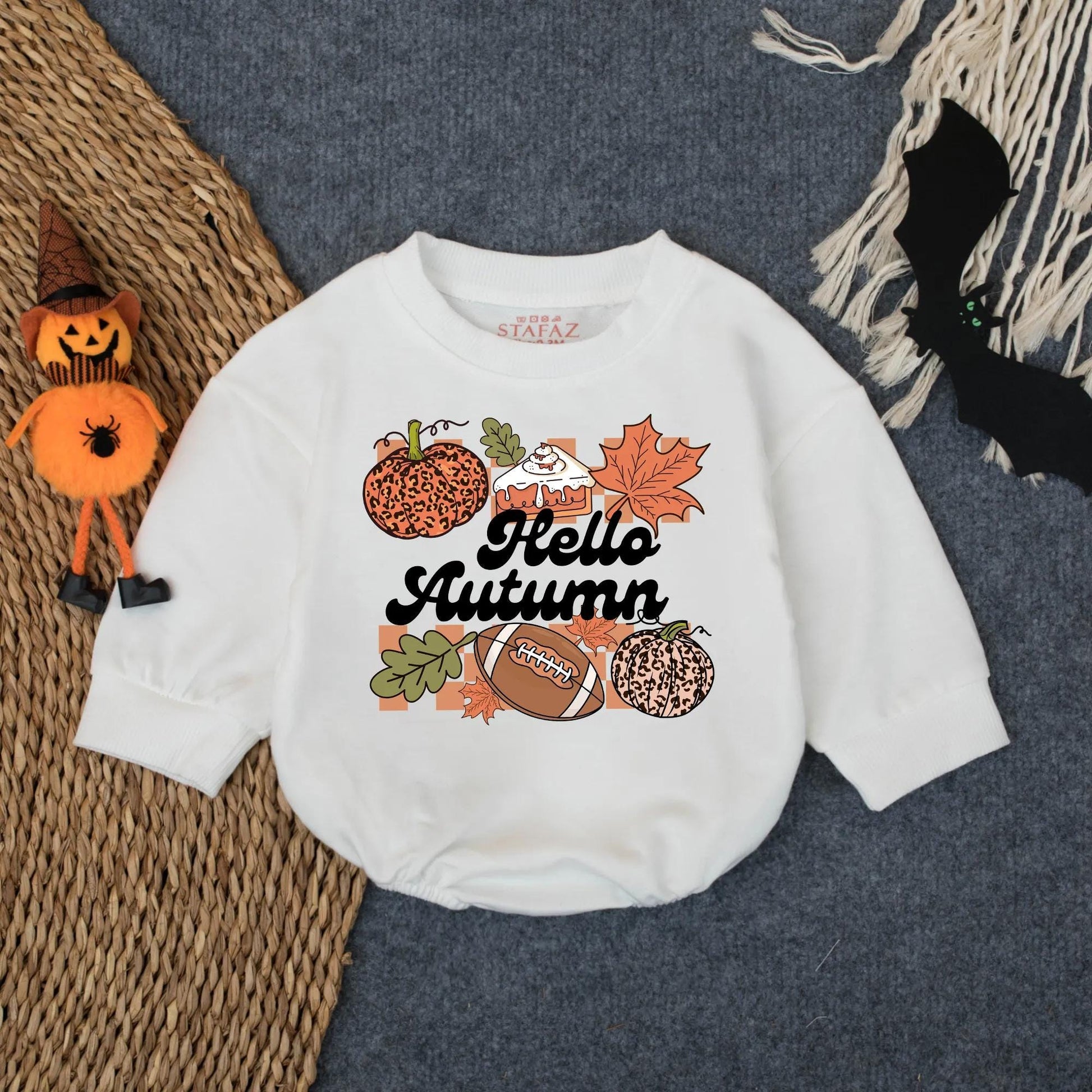 Hello Autumn Football Romper, Leopard Pumpkin Game Day Outfit, Baby Girl or Boy Bodysuit, Infant Fall Sports Clothes, Cozy Toddler Tee