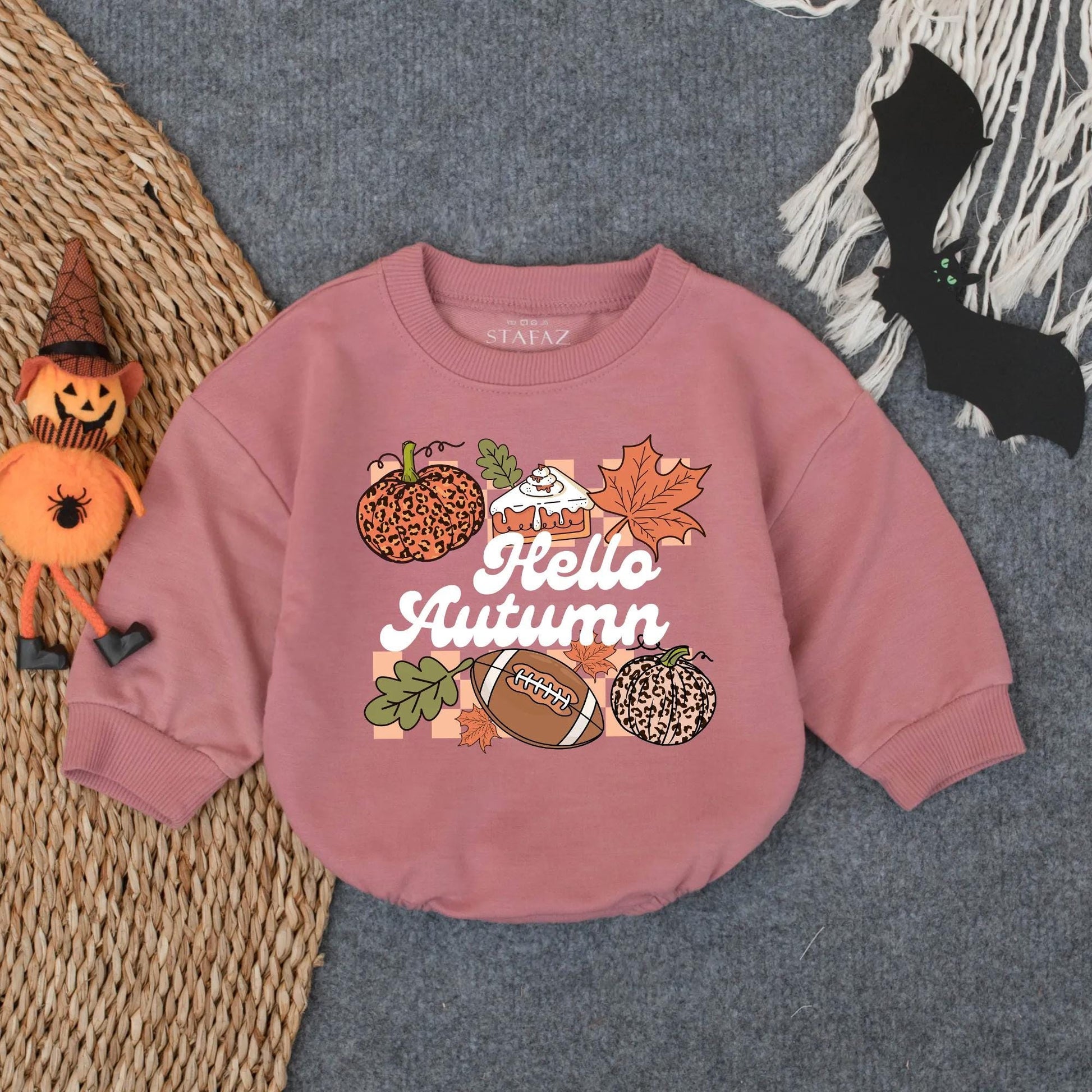 Hello Autumn Football Romper, Leopard Pumpkin Game Day Outfit, Baby Girl or Boy Bodysuit, Infant Fall Sports Clothes, Cozy Toddler Tee