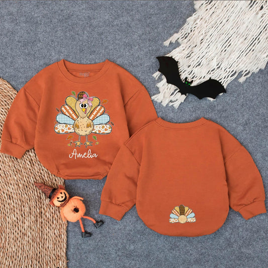 Whimsical Cartoon Turkey Baby Bubble Romper Custom First Thanksgiving Outfit Infant Fall Bodysuit Baby Girl Boy Autumn Clothes