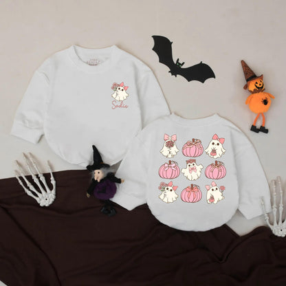 Pink Ghost & Pumpkin Romper: Personalized Halloween Outfit, Cute Girly Bodysuit with Bows, First Halloween Costume, Fall Baby Gift, Spooky Fun for Baby Girl (139)