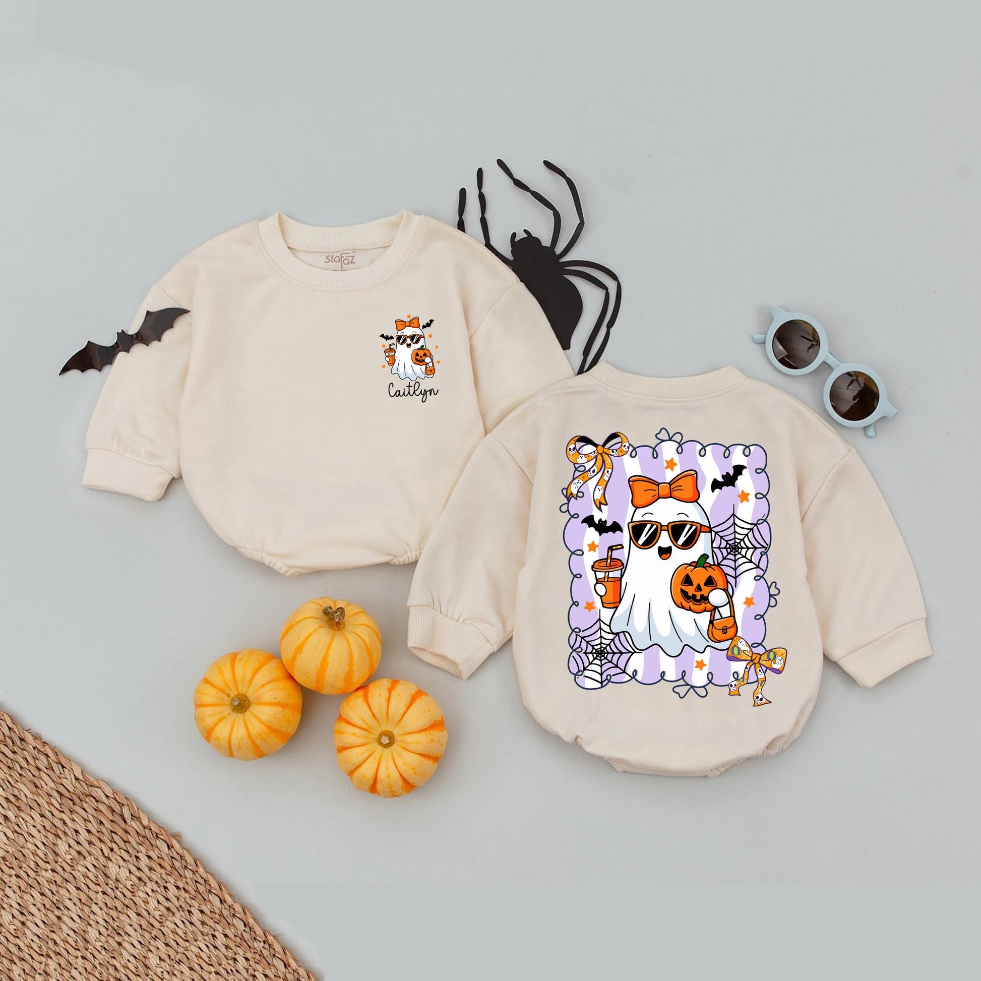 Customized Spooky Boo Baby Romper Personalized First Halloween Outfit with Ghost, Pumpkin & Bats Light Purple Scallop Border