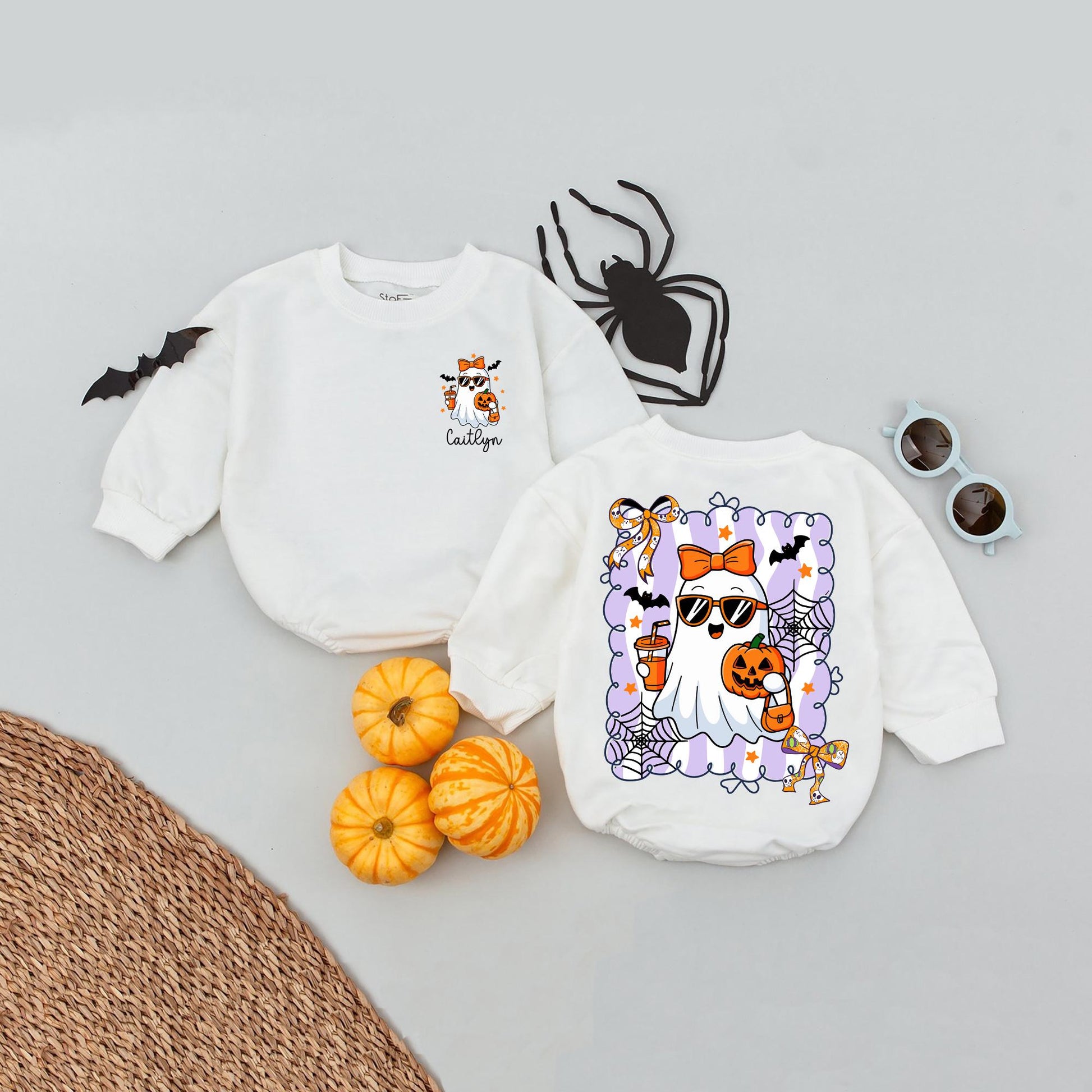 Customized Spooky Boo Baby Romper Personalized First Halloween Outfit with Ghost, Pumpkin & Bats Light Purple Scallop Border