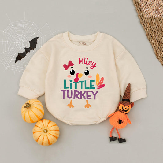 Custom Name Little Turkey Romper, My First Thanksgiving Outfit, Baby Girl Autumn Romper, Personalized Fall Clothes, Cute Thanksgiving Baby Clothes (139 chars)