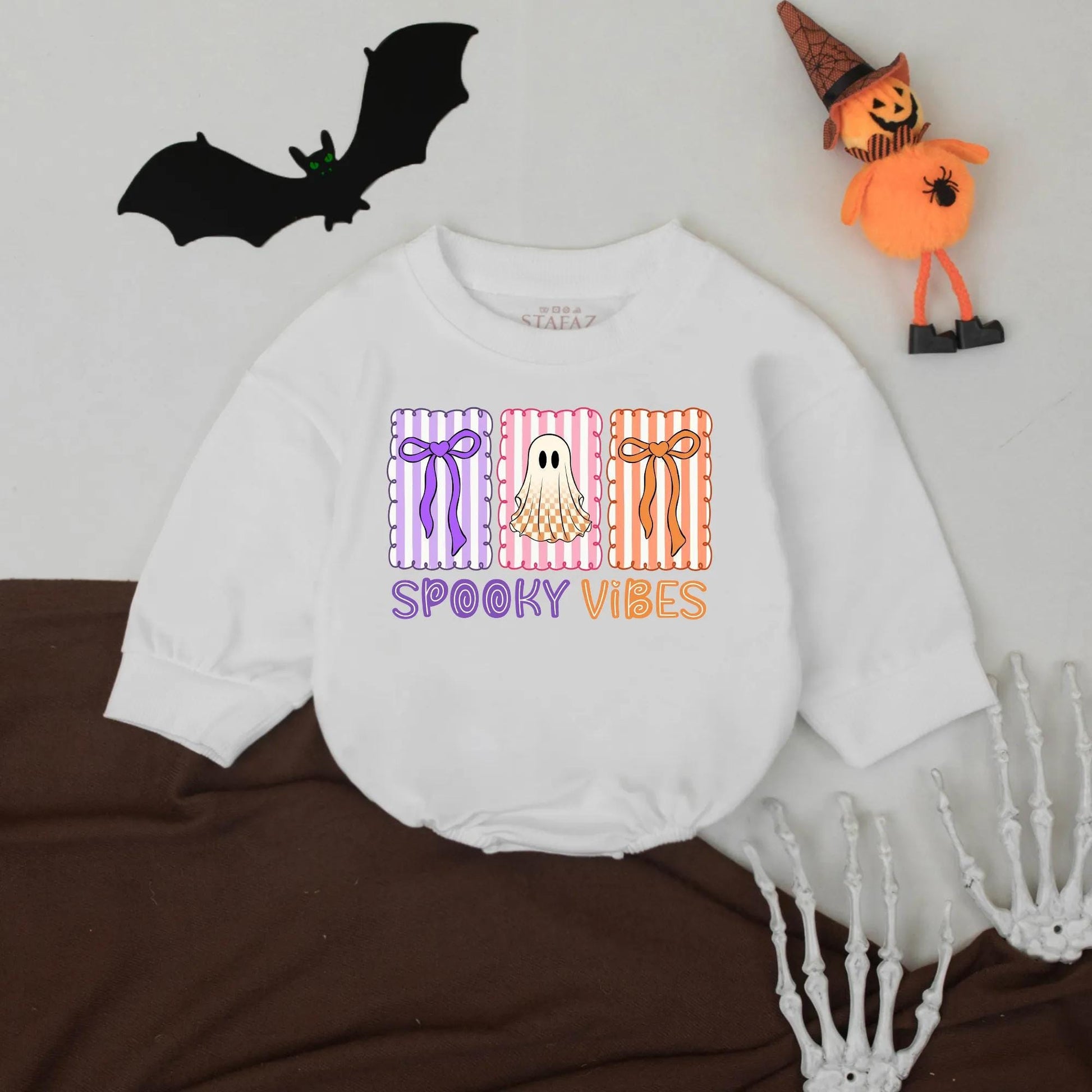 Spooky Vibes Halloween Romper for Baby Girl or Boy, Retro Outfit with Purple, Pink & Orange Accents, First Halloween Bodysuit Gift