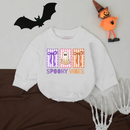 Spooky Vibes Halloween Romper for Baby Girl or Boy, Retro Outfit with Purple, Pink & Orange Accents, First Halloween Bodysuit Gift