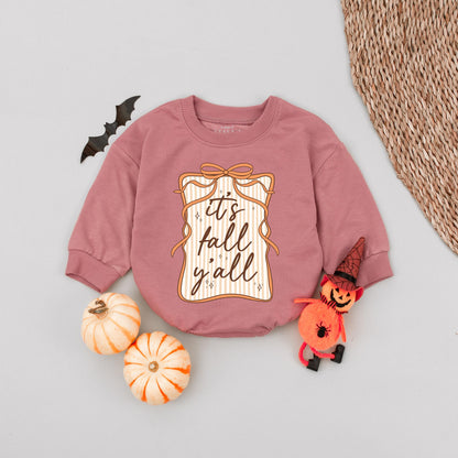 It's Fall Y'all Bubble Romper Preppy Retro Seersucker Bow Baby Girl Whimsical Frame Girly Autumn Thanksgiving Outfit